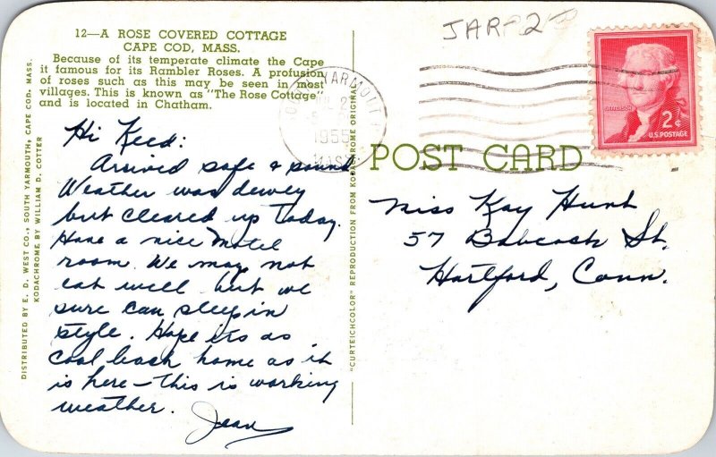 Rose Covered Cottage Cape Cod Massachusetts MA Postcard PM Cancel WOB Note VTG 
