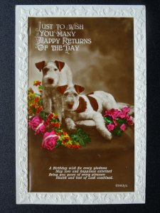 MANY HAPPY RETURNS Birthday Greetings TERRIER Dog Breed c1930s RP Postcard