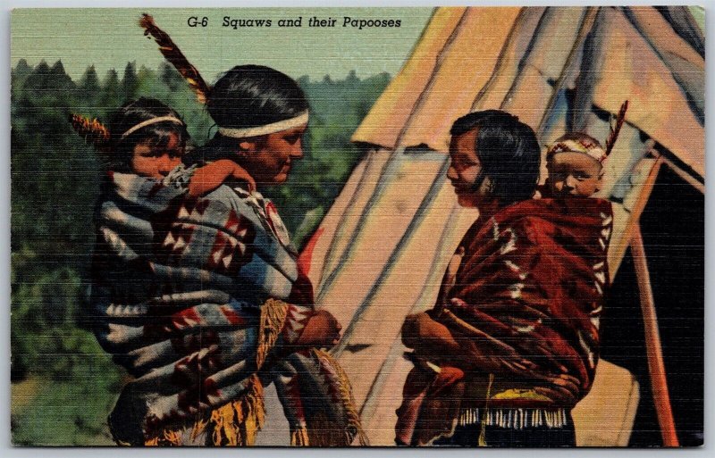 Vtg Native American Indian Squaws and their Papooses 1930s Linen Postcard