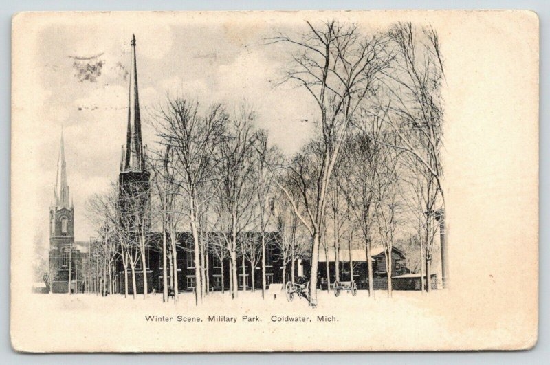 Coldwater Michigan~Military Park in Winter~Cannon in Snow~Churches~1909 B&W PC 