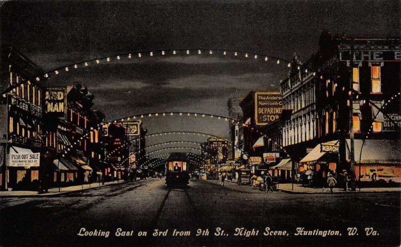 Huntington West Virginia 3rd Street Looking East at Night Postcard AA60613