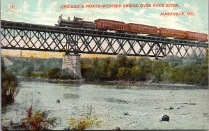 Postcard Chicago & North-Western Bridge over Rock River in Janesville, Wisconsin