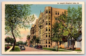 Joliet Illinois~Street View Of St Josephs Hospital~PM 1938~Vintage Linen PC