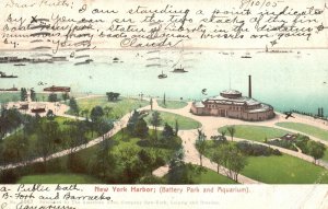 Vintage Postcard 1905 Battery Park And Aquarium Famous Landmark New York Harbor