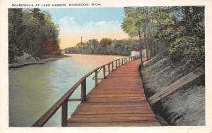 Muskegon Michigan~Boardwalk @ Lake Harbor~Bridge in Distance~1920s Pc