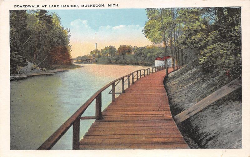 Muskegon Michigan~Boardwalk @ Lake Harbor~Bridge in Distance~1920s Pc