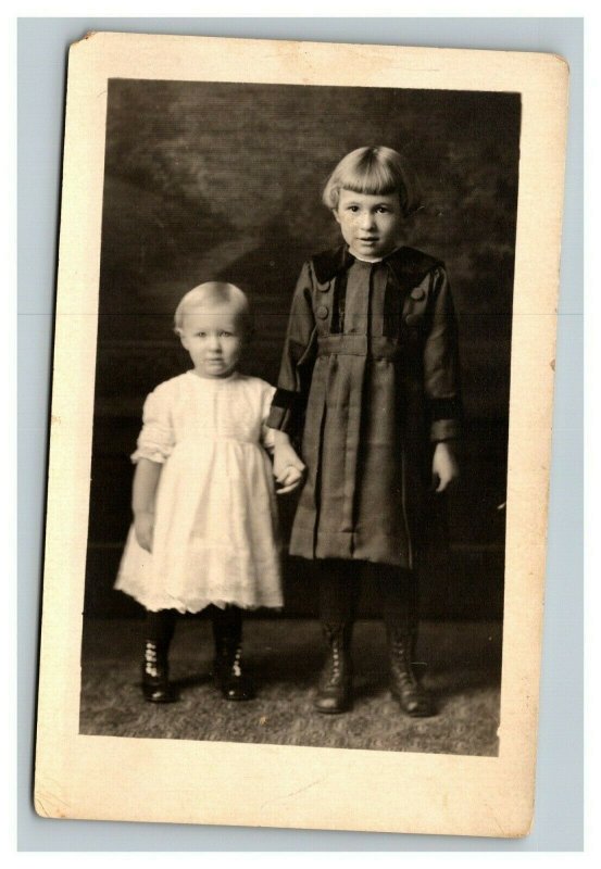 Vintage 1920's RPPC Postcard - Studio Portrait Children Black & White Dress