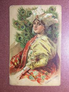Tsarist Russia Art Nouveau postcard 1909s Samokish - Sudkovskaya Beauty peacock 