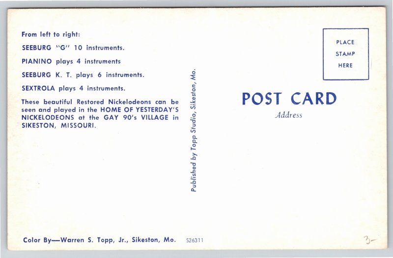 Interior~4 Instruments Home of Yesterdays Nickolodeons~Vintage Postcard