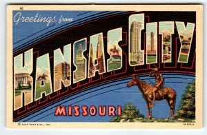 Greetings From Kansas City Missouri Large Letter State Postcard Linen 1950 Horse