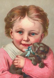 1880's Lovely Adorable Infant Holding Puppy Dog Victorian Trade Card *D