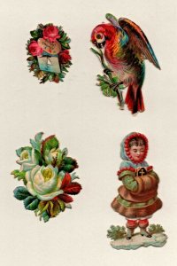 Vintage 1880's Victorian - Die Cut - Lot of 4 - Flowers - Children - Parrot