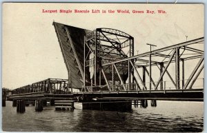 c1910s Green Bay, Wis Largest Bascule Lift Draw Bridge Litho Photo Postcard A215