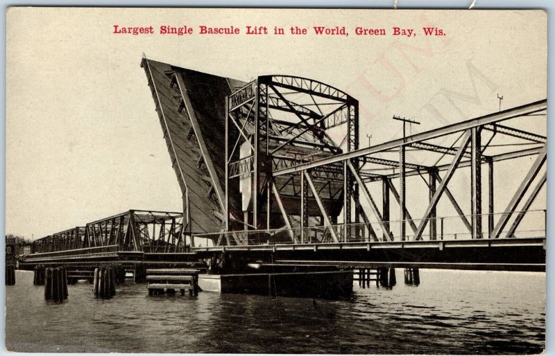 c1910s Green Bay, Wis Largest Bascule Lift Draw Bridge Litho Photo Postcard A215