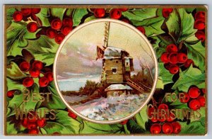 Best Wishes For Christmas, Winter Scene, Windmill, 1914 Embossed Postcard