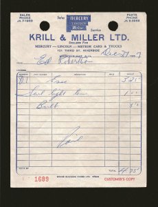 Krill Miller Ltd Mercury Lincoln Medicine Hat 1957 Invoice Used PLEASE READ NOTE