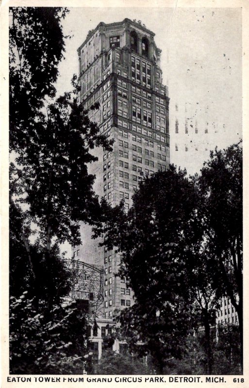 Detroit, Michigan - The Eaton Tower from Grand Circus Park - in 1934