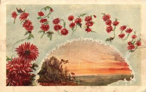 Vintage Postcard 1920's Sunset Scene Palm Trees Sea Ocean Beach Flowers Artwork