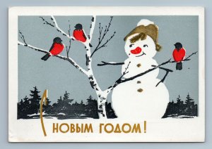 BULLFINCHES Bird and Snowman in Snow Forest Happy New Year Soviet USSR Postcard