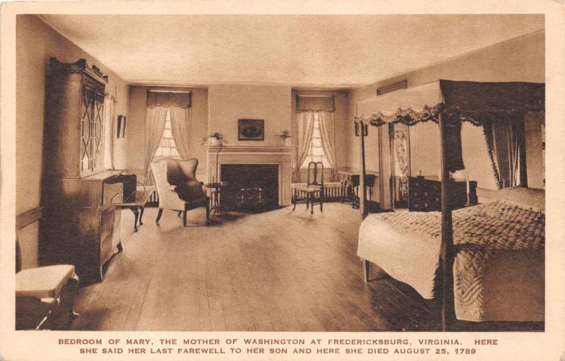 FREDERICKSBURG VIRGINIA MARY WASHINGTON'S BEDROOM~LAST FAREWELL & DIED POSTCARD