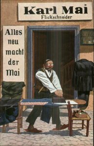 Karl Mai Flickschneider Theatre Ad? Man Ironing Clothes c1910 Postcard Tailor?