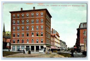 1910 Augusta Maine ME, Corner Of Water And Winthrop Street Store Front Postcard