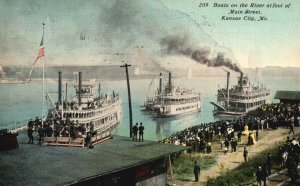 Kansas City Missouri, 1910 Boats on River Foot of Main Street Vintage Postcard