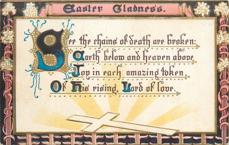 Easter gladness vintage greetings postcard embossed floral frame cross fantasy