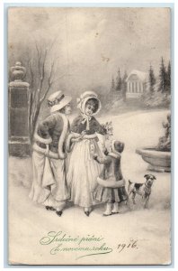 1916 Woman And Little Girl Dog Winter Scene Chicago Illinois IL Antique Postcard