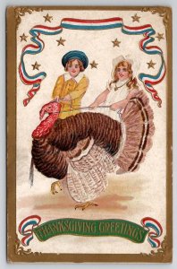 Thanksgiving Greetings Boy And Girl With Large Turkey Patriotic Postcard V22