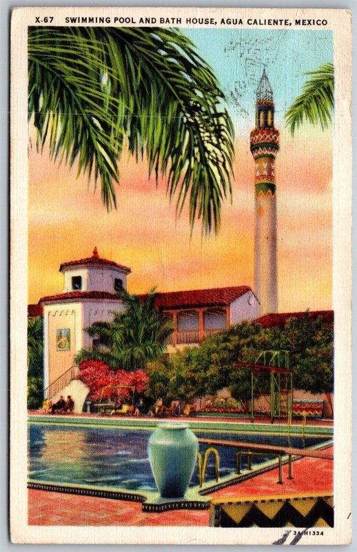 Vtg Agua Caliente Mexico Swimming Pool & Bath House 1930s View Linen Postcard