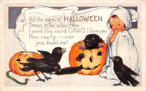 Hallowe'en  Little Girl As Ghost, W/ Black Crows, Black Cat, & Jack-O-Lanterns,