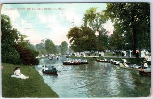 c1910s Detroit, MI Canal Scene Belle Isle Park PC Crowd Canoe Boat Picnic A326