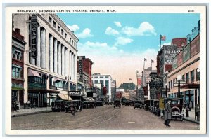 c1920 Broadway Showing Capitol Theatre Streetcar Road Detroit Michigan Postcard