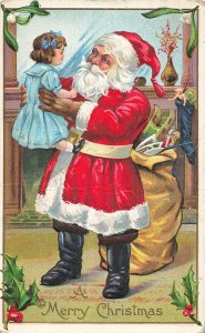 RED SUIT SANTA WITH FULL BAG OF TOYS-HOLDING YOUNG GIRL~1924 CHRISTMAS POSTCARD