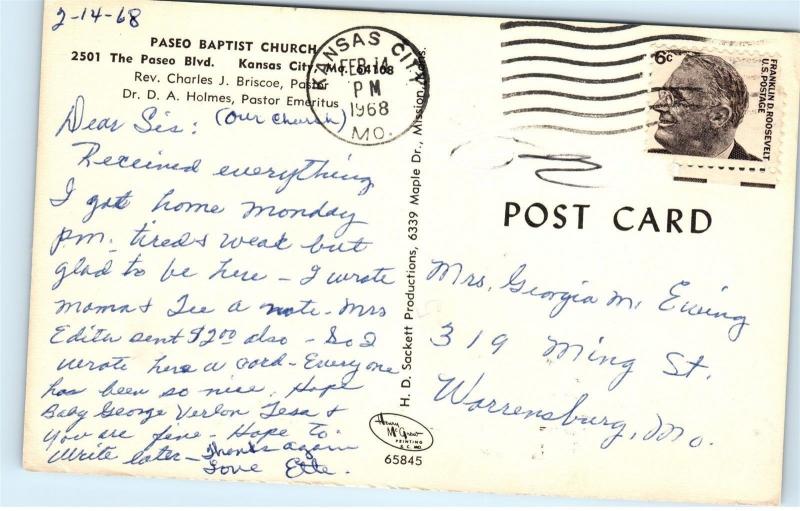 1968 2501 Paseo Blvd Paseo Baptist Church Kansas City Missouri Postcard B05