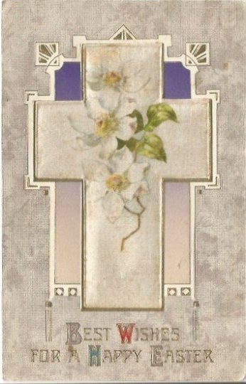 White Silk Cross with White Crab Apple Blossoms Vintage Postcard Easter Greeting