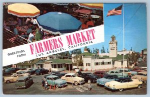 1950's GREETINGS FROM FARMER'S MARKET LOS ANGELES CLASSIC CARS VINTAGE POSTCARD
