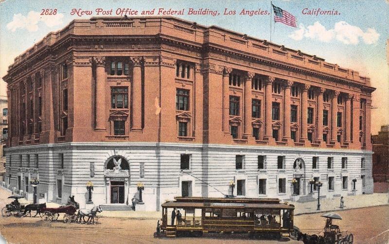 Los Angeles CA Trolley Close~Horse & Wagons @ NEW Post Office~Federal Bldg 