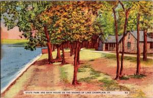 State Park and Bath House on Shores of Lake Champlain, VT Vintage Postcard N02