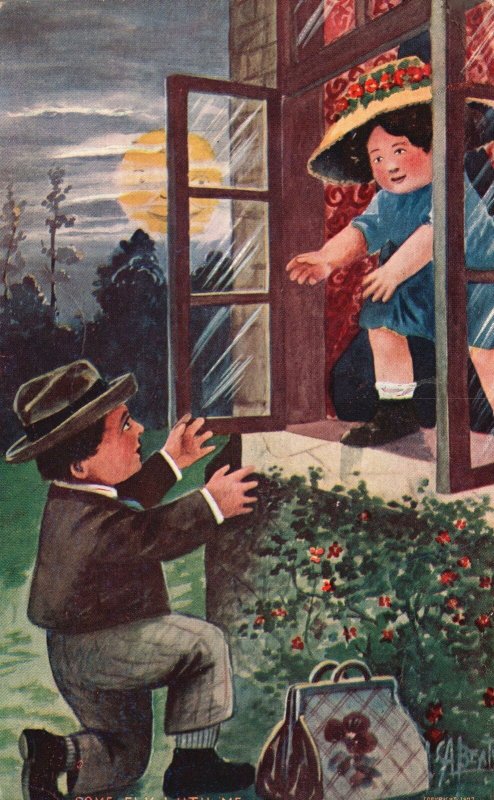 Vintage Postcard Catching Up Little Sister In The Window Moonlight Scene Kids