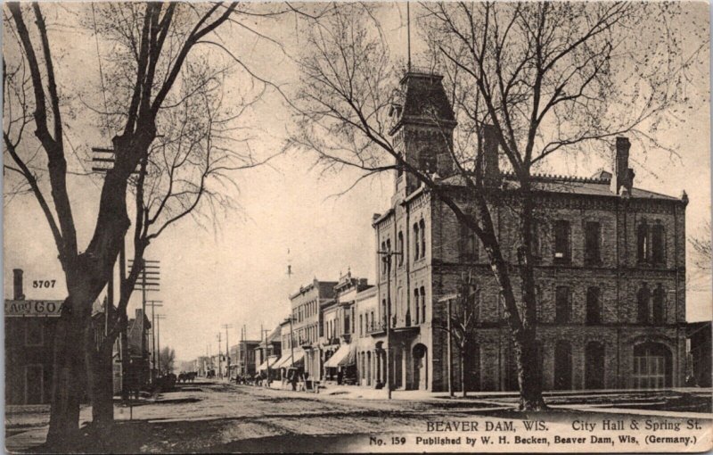 Postcard City Hall and Spring Street in Beaver Dam, Wisconsin