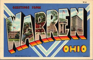 Vtg 1940's Warren Ohio OH Large Letter Grettings Linen Unused Postcard