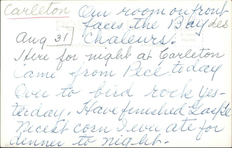 Quebec - Hotel Baie Bleue - Bay Des Chaleurs Carleton? RPPC Postcard