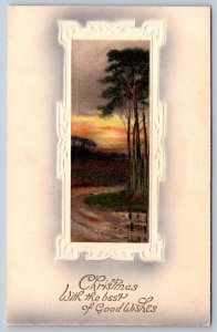 Christmas With Best Of Wishes, Rural Sunset Scene, Antique BB London Postcard