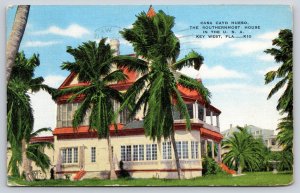 Key West Florida~Casa Cayo Hueso Southernmost House~Palms~1953 Linen Postcard