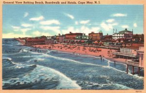 Vintage Postcard 1956 General View Bathing Beach Boardwalk & Hotels Cape May NJ 