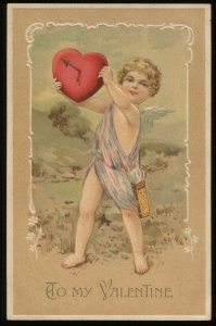 Vintage embossed valentine postcard. Cupid holding pierced heart. Circa 1910