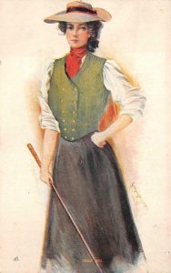 GOLF GIRL WOMAN GLAMOUR HAT ARTIST SIGNED POSTCARD (c. 1905)