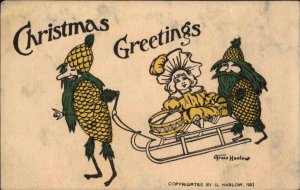 Christmas Fantasy Pinecone Pine Cone Men Doll Sled Grace Harlow Postcard